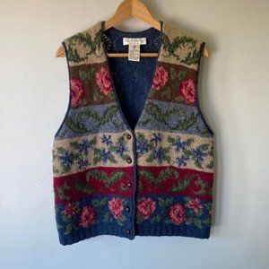 Vintage wool boho botanical floral sweater vest Sz L